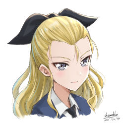 Rule 34 | 10s, 1girl, artist name, assam (girls und panzer), bad id, bad tumblr id, black necktie, black ribbon, blue eyes, blue sweater, closed mouth, cropped neck, dated, dress shirt, girls und panzer, hair pulled back, hair ribbon, long hair, looking at viewer, necktie, portrait, ribbon, school uniform, shamakho, shirt, signature, simple background, smile, solo, st. gloriana&#039;s school uniform, sweater, v-neck, white background, white shirt, wing collar