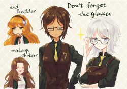 Rule 34 | 4girls, arm up, black choker, brown hair, brown vest, choker, closed eyes, closed mouth, collared shirt, faust (project moon), freckles, glasses, green eyes, green shirt, ishmael (project moon), limbus company, long hair, looking at viewer, multiple girls, necktie, open mouth, orange hair, outis (project moon), project moon, rodion (project moon), round eyewear, semi-rimless eyewear, shirt, short hair, under-rim eyewear, very long hair, vest, white hair, yellow necktie, york0pm