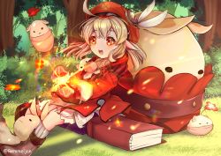 Rule 34 | 1girl, :o, absurdres, ahoge, bag, blonde hair, book, boots, brown gloves, brown socks, bush, cabbie hat, dress, forest, genshin impact, gloves, hair between eyes, hat, hat ornament, highres, huge filesize, klee (genshin impact), long sleeves, looking at viewer, nature, open mouth, outdoors, pointy ears, red dress, red eyes, red hat, remumeru, sitting, socks, solo, tree