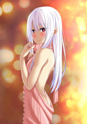 Rule 34 | 1girl, ass, backless outfit, bare back, butt crack, fate/stay night, fate (series), from side, halterneck, highres, illyasviel von einzbern, long hair, looking at viewer, meme attire, red eyes, silver hair, smile, solo, standing, virgin killer sweater, zaregoto tsukai no deshi