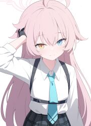 Rule 34 | 1girl, absurdres, blue archive, blue eyes, heterochromia, highres, hoshino (blue archive), jyt, long hair, long sleeves, looking at viewer, necktie, pink hair, simple background, solo, yellow eyes