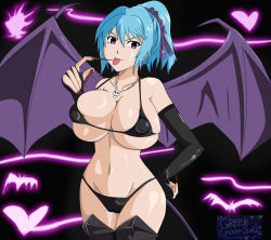 Rule 34 | 00s, 10s, 1girl, 2012, :p, absurdres, bat wings, bikini, blue hair, breasts, cameltoe, chain, cleavage, covered erect nipples, demon girl, fingerless gloves, gloves, heart, highres, huge breasts, jewelry, kurono kurumu, micro bikini, nail polish, navel, necklace, purple eyes, rosario+vampire, rtenzo, short hair, skull necklace, solo, swimsuit, thighhighs, tongue, tongue out, wings