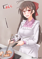Rule 34 | 1girl, :d, anti (untea9), apron, blush, brown hair, chopsticks, commentary request, cooking, frying pan, hair between eyes, hair ornament, hair ribbon, hairclip, highres, holding, holding chopsticks, holding frying pan, kantai collection, kappougi, long hair, looking at viewer, mamiya (kancolle), open mouth, purple background, recording, red eyes, red ribbon, ribbon, simple background, smile, solo, twitter username