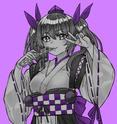 Rule 34 | 1girl, alternate costume, bow, breasts, cellphone, checkered clothes, detached sleeves, eyeshadow, greyscale, greyscale with colored background, hair bow, hat, himekaidou hatate, japanese clothes, kimono, kourindou tengu costume, lips, long hair, looking at viewer, makeup, medium breasts, monochrome, natsushiro, obi, phone, pom pom (clothes), purple background, purple bow, purple eyeshadow, purple hat, purple ribbon, ribbon, sash, simple background, smile, solo, spot color, tokin hat, touhou, twintails, v, wide sleeves