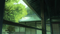 Rule 34 | architecture, building, chinese commentary, column, commentary request, crack, cronstatd, day, door, east asian architecture, foliage, fusuma, gensokyo, highres, no humans, outdoors, pillar, plant, railing, scenery, shouji, sliding doors, touhou, tree, branch, wallpaper, wooden railing