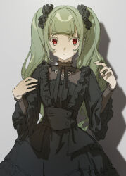 Rule 34 | 1girl, black bow, black bowtie, black dress, bow, bowtie, dress, frilled dress, frills, green eyes, green hair, hair ornament, hair scrunchie, jewelry, light frown, long hair, long sleeves, minoshima ayaka, necklace, original, parted lips, red eyes, scrunchie, sidelocks, solo, twintails, wide sleeves