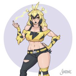 Rule 34 | 1girl, antenna hair, breasts, creatures (company), electabuzz, electricity, female focus, game freak, gen 1 pokemon, gloves, highres, humanization, large breasts, lipstick, makeup, multicolored hair, nintendo, personification, pokemon, shardanic, solo, tail, thick thighs, thighhighs, thighs, yellow eyes