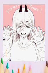 Rule 34 | + +, 1girl, border, chainsaw man, claw pose, cross-shaped pupils, fingernails, hair between eyes, hands up, highres, horns, hoshi san 3, jacket, long hair, looking at viewer, open clothes, open jacket, open mouth, pink background, power (chainsaw man), sharp teeth, shirt, solo, symbol-shaped pupils, teeth