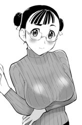 Rule 34 | 1girl, bralines, breasts, closed mouth, glasses, greyscale, large breasts, looking at viewer, monochrome, original, ribbed sweater, see-through, shirt, short hair, simple background, solo, sweater, ueyama michirou, wet, wet clothes, wet shirt, white background