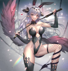 Rule 34 | 1girl, absurdres, animal ear fluff, animal ears, asymmetrical legwear, black leotard, breasts, cleavage, clothing cutout, demon horns, demon tail, detached collar, ear piercing, earrings, extra ears, fake animal ears, fishnet thighhighs, fishnets, grey hair, grin, heart, heterochromia, highleg, highleg leotard, highres, hitowa, holding, holding whip, horns, jewelry, large breasts, leotard, long hair, midriff, mismatched legwear, navel, original, piercing, pointy ears, rabbit ears, red eyes, riding crop, smile, solo, spoken heart, stomach cutout, strapless, strapless leotard, tail, tail around own leg, thighhighs, thighs, very long hair, wings, yellow eyes