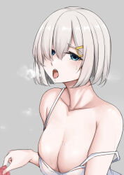 Rule 34 | 1girl, absurdres, blue eyes, breasts, breath, cleavage, condom, condom wrapper, grey background, grey hair, hair between eyes, hair ornament, hair over one eye, hairclip, hamakaze (kancolle), highres, holding, holding condom, jiangyou dang, kantai collection, large breasts, looking at viewer, off shoulder, saliva, short hair, simple background, solo, spaghetti strap, sweat, upper body