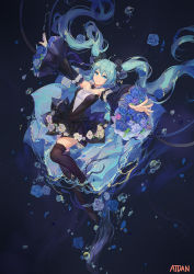 Rule 34 | 1girl, aqua eyes, aqua hair, atdan, black dress, black thighhighs, blue flower, blue rose, breasts, detached sleeves, dress, flower, hatsune miku, long hair, outstretched arms, rose, smile, solo, thighhighs, twintails, underwater, very long hair, vocaloid