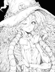 Rule 34 | 1girl, black background, cloak, closed mouth, cracked skin, dress, elden ring, extra arms, flat chest, fur cloak, greyscale, hair between eyes, twirling hair, hat, highres, joints, long hair, looking at viewer, mia (39565899), monochrome, one eye closed, ranni the witch, simple background, solo, witch hat