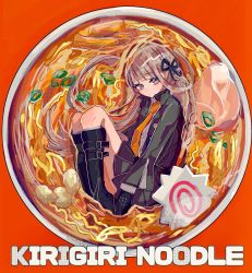 Rule 34 | 1girl, black footwear, black jacket, black ribbon, boots, bowl, braid, commentary, danganronpa: trigger happy havoc, danganronpa (series), food, from side, gloves, hair ribbon, highres, in food, jacket, kara aren, kirigiri kyoko, knee boots, knees up, long hair, long sleeves, looking at viewer, necktie, noodles, pleated skirt, purple eyes, purple hair, ramen, ribbon, side braid, single braid, skirt, solo, symbol-only commentary