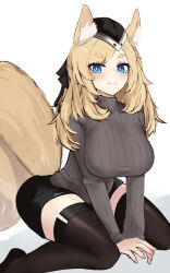 Rule 34 | 1girl, animal ear fluff, animal ears, arknights, black footwear, black hat, black shorts, blonde hair, blue eyes, blush, brown sweater, brown thighhighs, closed mouth, commentary request, garrison cap, hair ribbon, hands on ground, hat, highres, horse ears, horse girl, horse tail, kitorakito, long hair, looking at viewer, ribbed sweater, ribbon, shoes, short eyebrows, short shorts, shorts, sitting, solo, sweater, tail, thighhighs, thighs, turtleneck, turtleneck sweater, wariza, whislash (arknights), white background