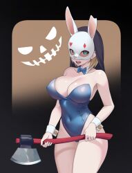 Rule 34 | 1girl, axe, bare shoulders, blonde hair, blue eyes, blue leotard, breasts, covered navel, dead by daylight, detached collar, gradient background, halloween, heart, heart-shaped pupils, highleg, highleg leotard, highres, holding, holding axe, large breasts, leotard, looking at viewer, mask, nekobao, open mouth, original, playboy bunny, rabbit mask, short hair, solo, strapless, strapless leotard, symbol-shaped pupils, tongue, wrist cuffs