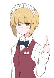 Rule 34 | 1girl, ame (amechan17391739), bad id, bad pixiv id, blonde hair, bow, bowtie, censored, commentary, cutlass (girls und panzer), empty eyes, girls und panzer, highres, jitome, maid headdress, middle finger, mosaic censoring, short hair, simple background, solo, upper body, vest, white background