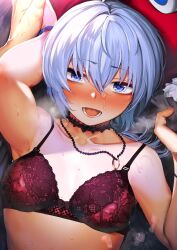 Rule 34 | 1boy, 1girl, akagi asahito, bed, bed sheet, blue eyes, blue hair, blush, bra, breasts, breath, collarbone, cover, cover page, cum, cum on body, fuha mika, hair between eyes, heart, heart-shaped pupils, heavy breathing, highres, holding hands, jewelry, looking at viewer, lying, necklace, nose blush, on back, on bed, open mouth, original, out of frame, red bra, ring, ring necklace, sheet grab, short hair, small breasts, sweat, symbol-shaped pupils, tissue, underwear, upper body