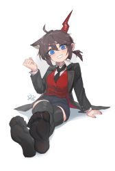Rule 34 | 1girl, ahoge, animal ear fluff, animal ears, black jacket, black necktie, black shorts, black thighhighs, blue eyes, borrowed character, breasts, brown hair, collared shirt, commentary, crossed legs, difman, full body, grin, hair between eyes, hand up, head tilt, highres, horns, jacket, long sleeves, looking at viewer, medium breasts, necktie, no shoes, open clothes, open jacket, original, red vest, shadow, shirt, short eyebrows, short shorts, shorts, signature, simple background, single horn, sitting, smile, soles, solo, thick eyebrows, thighhighs, vest, white background, white shirt