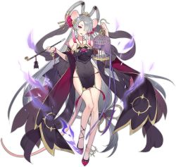 Rule 34 | 1girl, absurdly long hair, animal ears, anklet, ark order, black dress, black panties, bracelet, breasts, cage, detached sleeves, dress, earrings, fire, flower, frilled sleeves, frills, full body, gold trim, grey hair, hagoromo, hair flower, hair ornament, hair over one eye, hair rings, hair stick, hatoyama itsuru, high heels, holding, holding cage, holding smoking pipe, jewelry, large breasts, lipstick, long hair, long sleeves, low-tied long hair, makeup, mouse, mouse ears, mouse girl, mouse tail, nail polish, official art, panties, pink eyes, pink flower, pink lips, pink nails, purple fire, rat (ark order), red footwear, see-through, see-through dress, shawl, shoes, smoking pipe, solo, tachi-e, tail, tassel, tassel earrings, transparent background, underwear, very long hair, wide sleeves