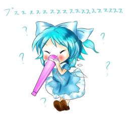 Rule 34 | 1girl, ?, artist request, bad id, bad pixiv id, blue hair, blush, bow, cirno, dress, failure, horn (instrument), kisumi mews, lowres, ribbon, shoes, solo, touhou, vuvuzela, wings, you&#039;re doing it wrong