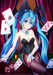 Rule 34 | 1girl, ace (playing card), ace of spades, aqua eyes, aqua hair, bare shoulders, card, casino, collar, detached collar, dice, floating card, gambling, hair ribbon, hatsune miku, highres, kazeoto kirito, leotard, long hair, pantyhose, playboy bunny, playing card, poker chip, ribbon, roulette table, smile, solo, spade (shape), table, twintails, very long hair, vocaloid, wrist cuffs