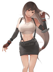 Rule 34 | 1girl, abs, bare shoulders, black hair, black skirt, breasts, brown hair, crop top, detached sleeves, earrings, final fantasy, final fantasy vii, fingerless gloves, gloves, highres, jewelry, large breasts, long hair, looking at viewer, low-tied long hair, midriff, navel, open mouth, pencil skirt, red eyes, red gloves, shillo, skirt, solo, square enix, suspender skirt, suspenders, tank top, tifa lockhart, white background, white tank top