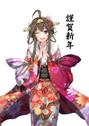 Rule 34 | 10s, 1girl, ;d, absurdres, ahoge, alternate costume, blush, brown hair, cowboy shot, floral print, flower, fur collar, hair flower, hair ornament, head tilt, headgear, highres, japanese clothes, kantai collection, kimono, kongou (kancolle), long hair, long sleeves, looking at viewer, obi, off shoulder, one eye closed, open mouth, palms together, purple eyes, ribbon, round teeth, sash, sidelocks, smile, solo, standing, tareme, tassel, teeth, translation request, w arms, wide sleeves, yellow ribbon