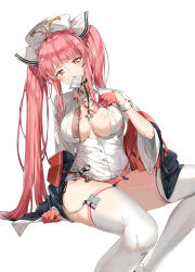 Rule 34 | 1girl, absurdres, azur lane, black choker, blunt bangs, breasts, choker, cleavage, cleavage cutout, clothing cutout, gloves, hat, highres, large breasts, long hair, long sleeves, looking at viewer, mouth hold, nurse cap, perseus (azur lane), perseus (unfamiliar duties) (azur lane), pink hair, pixel (yuxian), red eyes, red gloves, simple background, sitting, solo, thighhighs, thighs, twintails, white background, white thighhighs