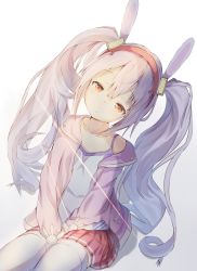 Rule 34 | 1girl, absurdres, animal ears, azur lane, between legs, camisole, closed mouth, commentary request, gradient background, grey background, hair between eyes, hair ornament, hairband, hand between legs, highres, jacket, laffey (azur lane), leaning to the side, long hair, long sleeves, mogu pachi, off shoulder, pink jacket, pleated skirt, rabbit ears, red hairband, red skirt, sidelocks, silver hair, skirt, solo, sunlight, twintails, very long hair, white background, white camisole