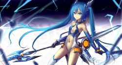 Rule 34 | 1girl, :/, armpits, bare shoulders, blue eyes, blue hair, blurry, breasts, center opening, character name, cowboy shot, depth of field, elbow gloves, from side, frown, gloves, groin, halterneck, highres, leotard, long hair, navel, ore twintail ni narimasu, polearm, revealing clothes, revision, shadow, small breasts, solo, standing, tailblue, thighhighs, twintails, very long hair, wangchuan de quanyan, weapon, white thighhighs