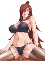 Rule 34 | 1boy, 1girl, absurdres, bare shoulders, blue nails, blush, bra, breasts, brown hair, censored, cleavage, fishnet legwear, fishnets, girl on top, green eyes, groin, hair over one eye, highres, large breasts, legs, light blush, light smile, long hair, looking at viewer, lying, mosaic censoring, nail polish, naruto, naruto (series), navel, panties, parted lips, penis, pov, simple background, smile, solo focus, strapless, strapless bra, terumi mei, thighs, underwear, white background, yatisi