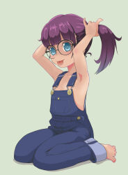 Rule 34 | 1girl, barefoot, blue eyes, blue overalls, blush, collarbone, denim, dr. slump, flat chest, glasses, green background, highres, long hair, looking at viewer, naked overalls, norimaki arale, oira wa arumajiro, overalls, purple hair, sitting, smile, tongue, tongue out, twintails, tying hair