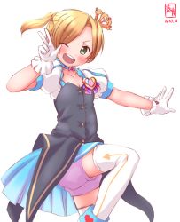 Rule 34 | 10s, 1girl, ;d, alternate costume, artist name, blonde hair, blue skirt, blush, buttons, choker, crown, dated, gloves, green eyes, heart, highres, idolmaster, idolmaster cinderella girls, kanon (kurogane knights), kantai collection, leg up, looking at viewer, maikaze (kancolle), mini crown, one eye closed, open mouth, parted bangs, pink ribbon, ponytail, puffy short sleeves, puffy sleeves, ribbon, short hair, short shorts, short sleeves, shorts, simple background, skirt, smile, solo, star!!, thighhighs, v, white background, white gloves