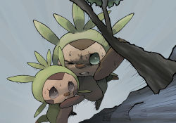 Rule 34 | animal focus, arm up, branch, bright pupils, chespin, clenched teeth, cliff, creatures (company), from above, furrowed brow, game freak, gen 6 pokemon, gerigoo, green eyes, grey background, grey eyes, hanging, highres, looking up, nintendo, no humans, one eye closed, open mouth, outdoors, outstretched arm, peril, pokemon, pokemon (creature), simple background, sweat, teeth, tree, white pupils, wince