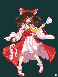 Rule 34 | 1girl, alphes (style), ascot, bow, brown hair, curiosities of lotus asia, detached sleeves, female focus, full body, gohei, hair bow, hair tubes, hakurei reimu, japanese clothes, kaoru (gensou yuugen-an), miko, ofuda, open mouth, parody, red eyes, shoes, simple background, skirt, smile, solo, style parody, touhou
