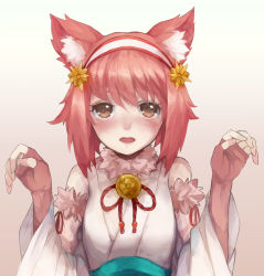 Rule 34 | animal ears, blush, breasts, brown eyes, cat ears, fingerless gloves, fire emblem, fire emblem fates, fire emblem heroes, fur collar, fur trim, gloves, hairband, halloween costume, jurge, looking at viewer, nekomata, nintendo, nontraditional miko, open mouth, paw pose, pink hair, sakura (fire emblem), sash, short hair, simple background, small breasts, solo, upper body, wide sleeves