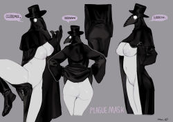 Rule 34 | 1girl, ass, bebebe, black cloak, black footwear, black hat, boots, breasts, capelet, character sheet, cloak, covered face, covering crotch, covering privates, female focus, gluteal fold, groin, hat, highres, inverted nipples, large breasts, leg lift, lifting own clothes, mask, naked cloak, navel, open cloak, open clothes, original, pale skin, plague doctor, plague doctor mask, purple background, pussy, pussy peek, signature, simple background, solo, top hat