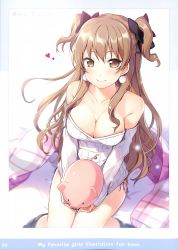 Rule 34 | 1girl, 6u (eternal land), bare shoulders, black legwear, blush, bow, bowtie, breasts, brown eyes, brown hair, character name, cleavage, collarbone, dress, earrings, hair bow, heart, highres, holding, jewelry, looking at viewer, medium breasts, ogata rina, scan, short twintails, sitting, smile, solo, stuffed animal, stuffed toy, sweater, sweater dress, twintails, white album, white album (series)