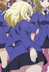 Rule 34 | 1girl, animated, animated gif, annoyed, ass, blonde hair, blue eyes, breasts, character request, crowd, girls und panzer, legs, looking back, miniskirt, open mouth, oshida (girls und panzer), school uniform, short hair, sideboob, skirt, small breasts, spanking self, thighs