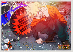 Rule 34 | 1boy, \n/, arm on knee, bakugou katsuki, birthday, black shirt, blonde hair, bloom, blurry, blurry background, boku no hero academia, border, bottle, cable, character name, chromatic aberration, collared shirt, confetti, dated, depth of field, drum, drum set, drumsticks, full body, furrowed brow, green pants, grey border, hair between eyes, hand up, happy, happy birthday, highres, holding, holding drumsticks, instrument, leaning forward, looking at viewer, looking to the side, male focus, nikaidou iroha, open cuffs, open mouth, orange shirt, pants, photo background, print shirt, red eyes, sanpaku, segment display, shirt, short hair, smile, soft focus, solo, spiked hair, squatting, streamers, tile floor, tiles, turning head, twitter username, undershirt, v-shaped eyebrows, water bottle, x