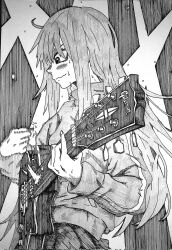 Rule 34 | 1girl, blush, bocchi the rock!, closed mouth, eindrawppsn, gotoh hitori, guitar, hatching (texture), highres, holding, holding instrument, instrument, jacket, long hair, monochrome, music, playing instrument, skirt, speed lines, spotlight, sweat, sweatdrop, track jacket, traditional media