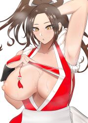 Rule 34 | 1girl, absurdres, arm guards, armpit crease, armpit focus, armpits, bare shoulders, blush, breasts, breasts out, brown eyes, brown hair, cleavage, clothing aside, fatal fury, folded fan, folding fan, gaccocha, hand fan, high ponytail, highres, holding, holding fan, hot, japanese clothes, large breasts, long hair, ninja, nipple slip, nipples, no bra, ponytail, revealing clothes, rope, shiranui mai, simple background, snk, solo, sweat, the king of fighters