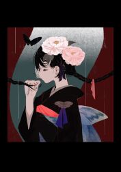 Rule 34 | 1girl, back bow, black hair, black kimono, bow, braid, bug, butterfly, butterfly brooch, closed eyes, flower, from side, hair flower, hair ornament, hair ribbon, highres, holding, holding own hair, insect, japanese clothes, kimono, long hair, nail polish, obi, original, peony (flower), red nails, red ribbon, ribbon, sash, sion 0d1m, solo, upper body, yukata