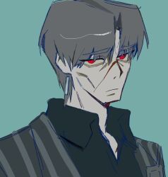 Rule 34 | 1boy, black shirt, blue background, cheekbones, closed mouth, collared shirt, expressionless, grey hair, highres, jacket, limbus company, looking at viewer, male focus, official art, parted bangs, project moon, red eyes, shirt, simple background, solo, striped clothes, striped jacket, vellmori, vergilius (project moon)