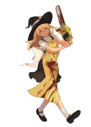 Rule 34 | 1girl, absurdres, apron, black footwear, black hat, black skirt, black vest, blonde hair, blood, blood on clothes, bloody weapon, bow, braid, chainsaw, closed mouth, commentary request, cookie (touhou), dinoswift, full body, hair bow, hat, hat bow, highres, holding, holding chainsaw, kirisame marisa, long hair, looking at viewer, puffy short sleeves, puffy sleeves, red bow, red eyes, shirt, shoes, short sleeves, side braid, simple background, single braid, skirt, smile, socks, solo, star (symbol), suzu (cookie), touhou, transparent background, vest, walking, weapon, white bow, white shirt, white socks, witch hat, yellow apron