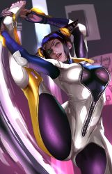Rule 34 | 1girl, absurdres, alternate color, biker clothes, bikesuit, black hair, bodysuit, breasts, capcom, command input, drill hair, eyepatch, feet, han juri, highres, john tazukura, large breasts, looking at viewer, purple eyes, skin tight, solo, street fighter, street fighter v, teeth, thighs, tongue, twin drills, upper teeth only, zipper