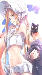 Rule 34 | 1girl, abigail williams (fate), abigail williams (swimsuit foreigner) (fate), abigail williams (swimsuit foreigner) (third ascension) (fate), bad id, bad pixiv id, bare shoulders, bikini, black cat, black jacket, blonde hair, blue eyes, blush, bonnet, bow, breasts, cat, fate/grand order, fate (series), forehead, hair bow, highres, innertube, jacket, knt (pixiv52732968), long hair, looking at viewer, miniskirt, navel, off shoulder, open clothes, open jacket, open mouth, parted bangs, sidelocks, skirt, small breasts, smile, swim ring, swimsuit, twintails, very long hair, white bikini, white bow, white headwear