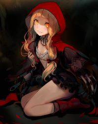 Rule 34 | 1girl, :d, black dress, black skirt, blonde hair, blunt bangs, blush, boots, breasts, detached collar, dress, eyes visible through hair, frilled skirt, frills, full body, grin, hair ribbon, hand up, highres, holding, holding hair, hood, knee boots, legs, lips, long hair, long sleeves, looking at viewer, low tied hair, open mouth, orange eyes, pink lips, red footwear, red hood, red ribbon, red riding hood (sinoalice), ribbon, seiza, sinoalice, sitting, skirt, small breasts, smile, solo, teeth, walzrj