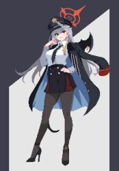 Rule 34 | 1girl, black hat, black necktie, black pantyhose, black skirt, blue archive, closed mouth, full body, grey hair, halo, hand on own hip, haruna (blue archive), hat, high heels, jacket, jacket on shoulders, kani (1f980), long hair, long sleeves, looking at viewer, necktie, pantyhose, peaked cap, pixel art, red eyes, shirt, shirt tucked in, simple background, single wing, skirt, smile, solo, white shirt, wings